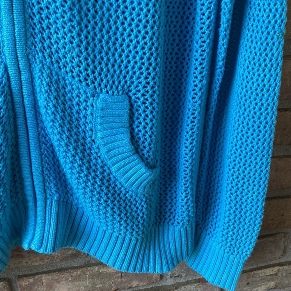 Quacker Factory Turquoise Open Knit Hoodie Cardigan Large GUC - Picture 5 of 8